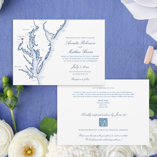 Washington DC All-in-One QR Code UAWG Blue Wedding Einladung (Washington DC All-in-One QR code Wedding invitation in elegant navy blue from Coastal Map Designs)