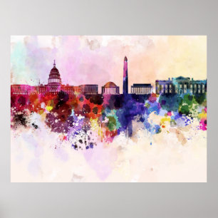 Washington DC skyline im Watercolor background Poster