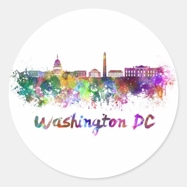 Washington DC skyline im Watercolor Runder Aufkleber (Vorderseite)