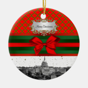 Washington DC Skyline Red Green Quatrefoil BG Xmas Keramikornament