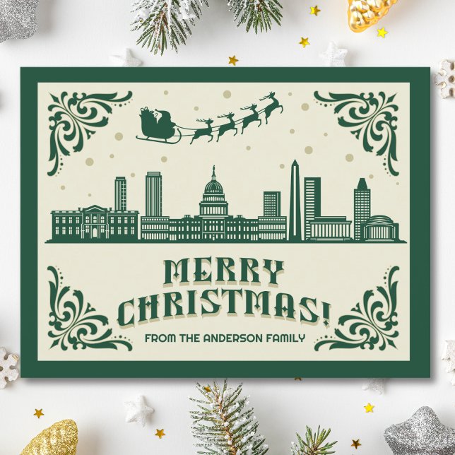 Washington, DC Skyline Weihnachtsfeiertag Postcard Feiertagspostkarte (Washington, DC skyline christmas card green modern merry christmas postcard with custom details)
