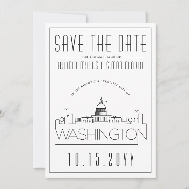 Washington DC | Stilisierte Skyline Save the Date Einladung (Vorderseite)