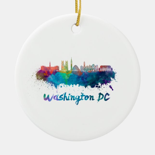 Washington DC V2 Skyline in Aquarellfarben Keramik Ornament (Vorne)