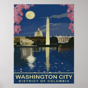 Washington DC, Wasserspiegelungen bei Nacht, Reise Poster