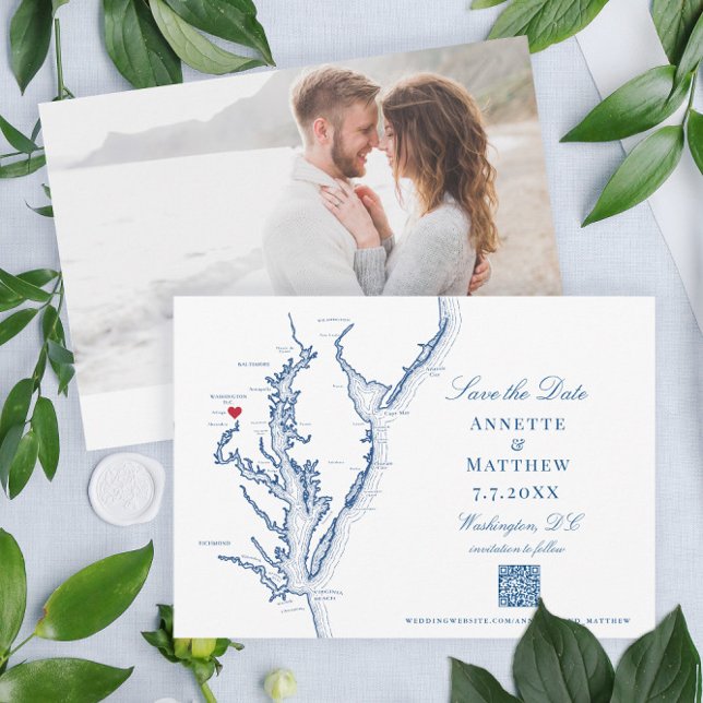 Washington DC Wedding Elegant Navy QR Code Save The Date (These Washington DC map Save the Dates are perfect for your Chesapeake Bay destination wedding)