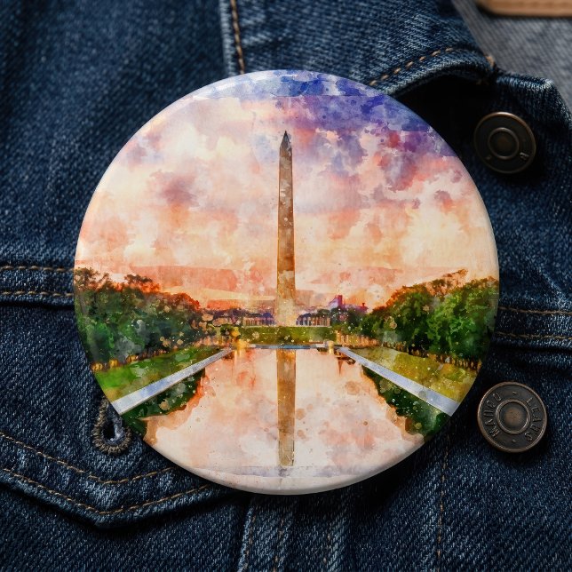 Washington Monument Wasserfarbe bei Sonnenuntergan Button (Washington Monument Watercolor Sunset Reflection. Button)