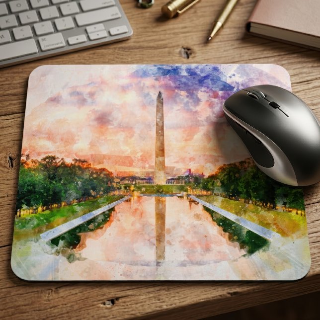 Washington Monument Wasserfarbe bei Sonnenuntergan Mousepad (Washington Monument Watercolor Sunset Reflection. Mouse Pad)