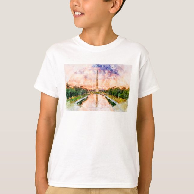 Washington Monument Wasserfarbe bei Sonnenuntergan T-Shirt (Vorderseite)