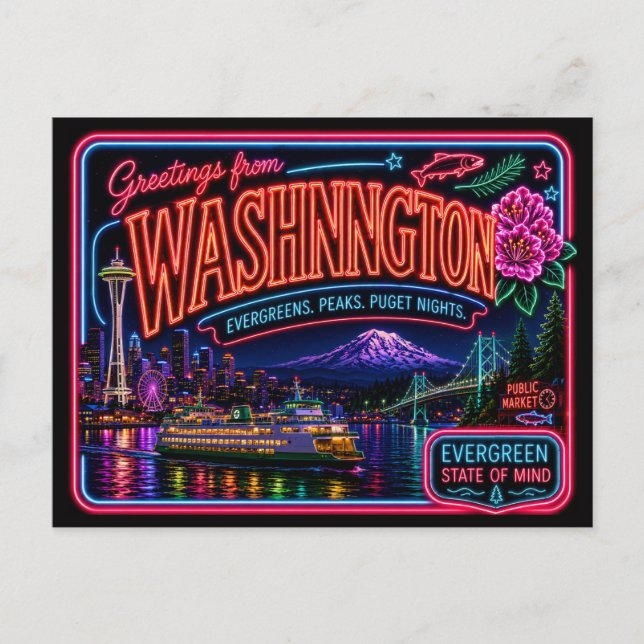 Washington Neon State Retro Vintage Postkarte (Vorderseite)