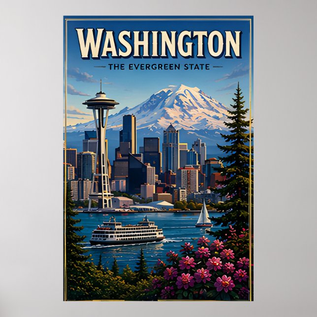 Washington Seattle Skyline Berg Wasserfront Poster (Vorne)