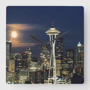 Washington, Seattle, Skyline nachts ab Kerry 1 Quadratische Wanduhr