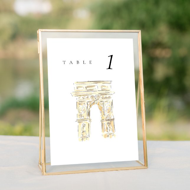 Washington Sq Park New York Wedding Tischnummer (Watercolor Washington Square Park New York City wedding table number sign.)