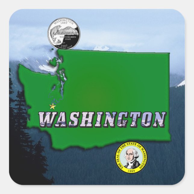 Washington Staat Map Imitate Viertel, Siegel, Berg Quadratischer Aufkleber (Vorderseite)