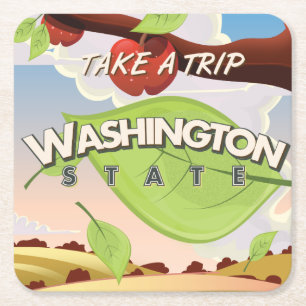 Washington State Apfelbaum Reiseplakat Cartoon. Rechteckiger Pappuntersetzer
