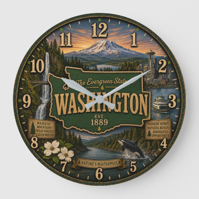 Washington State Evergreen Pacific Northwest Gift Große Wanduhr (Vorderseite)