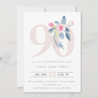 WASSER AQUA BLUSH BLUE FLORAL 90. ALTER GEBURTSTAG EINLADUNG