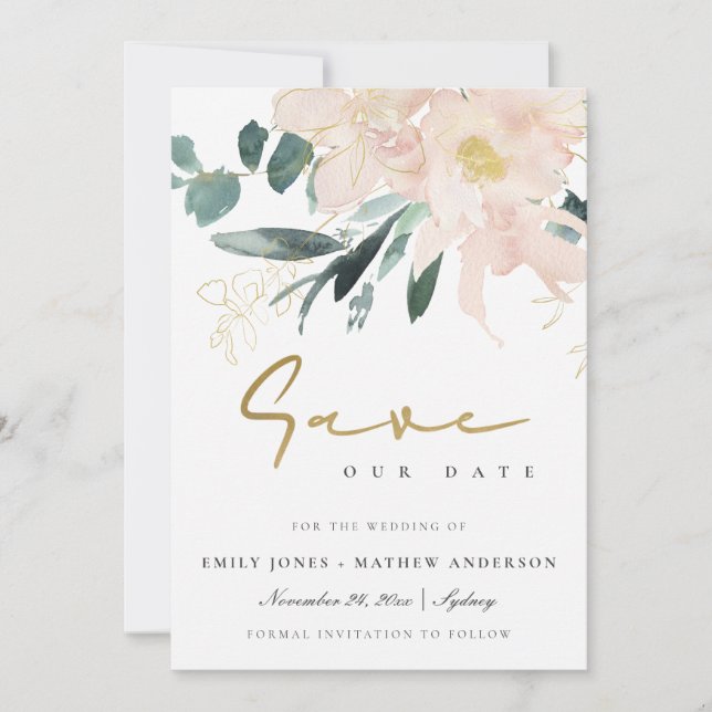 WASSER BLUSH GOLD FLORAL BUNCH WASSERFARBE SAVE THE DATE (Vorderseite)