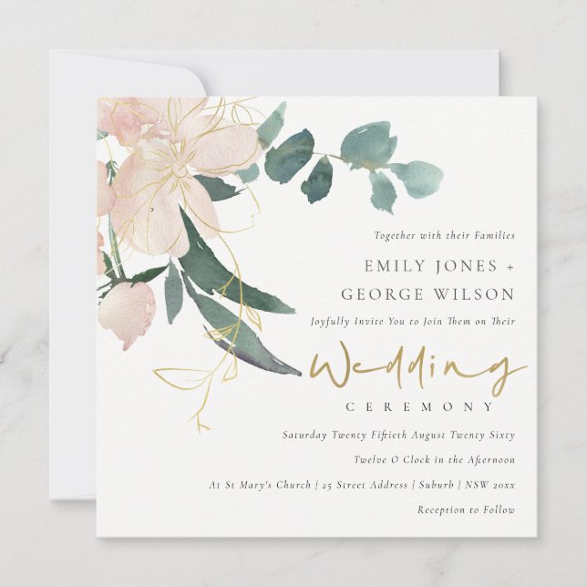 WASSER BLUSH GOLD FLORAL BUNCH WATERCOLOR WEDD EINLADUNG (Vorderseite)
