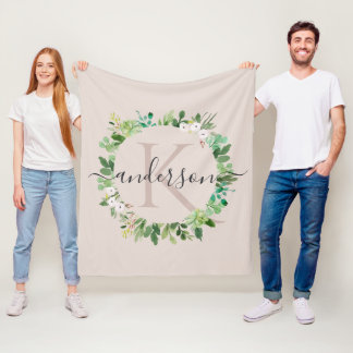 WASSER BLUSH PINK WREATH FOLIAGE WATERCOLOR MONOGR FLEECEDECKE