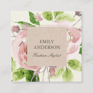 WASSER BLUSPINK GREEN WATERCOLOR FLORAL QUADRATISCHE VISITENKARTE