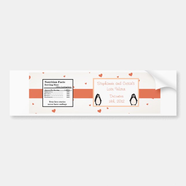 Wasser Flasche Etikett Pinguin Liebe/Herz Pfirsich Autoaufkleber (Vorne)