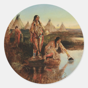 „Wasser für das Lager“ Cowboy-Kunst von Charles Ru Runder Aufkleber