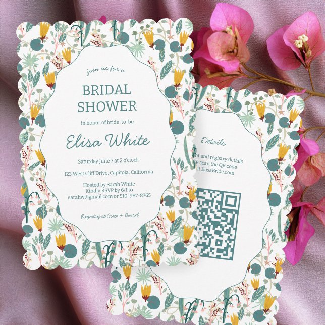 Wasser Garten Blumen Hochzeitsdusche Süß BENUTZERD Einladung (Water Garden Floral Bridal Shower Cute CUSTOM QR Code Scalloped Invitation
)