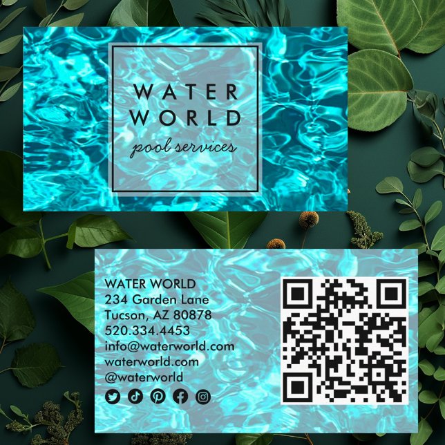 Wasser Glitzern Schwimmbad Service Foto QR Code Visitenkarte (Pool sparkles photography custom business cards. Social media icons and Qr code)