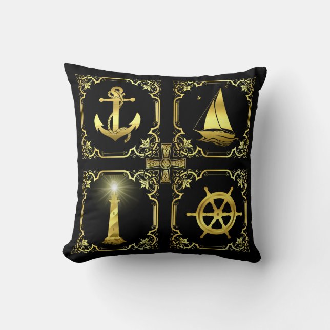 Wasseranker/Segelboot/Rad/Leuchtturm Gold Kissen (Vorderseite)