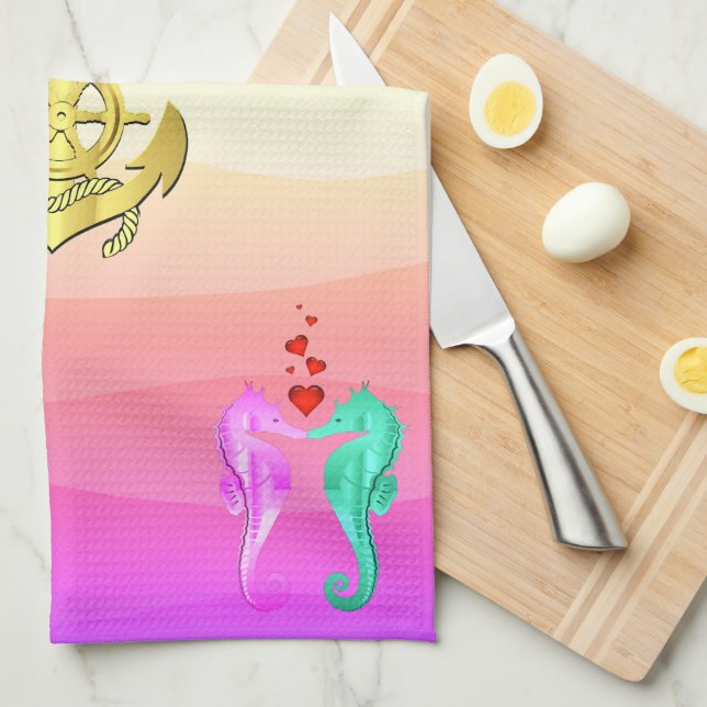 Wasserbad/Rosa/Küssen Seepferde/Herzbad Geschirrtuch (Viertel Falte)