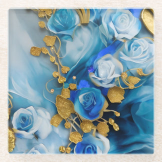WASSERBLAU UND GOLD ABSTRAKTE BLUME GLASUNTERSETZER