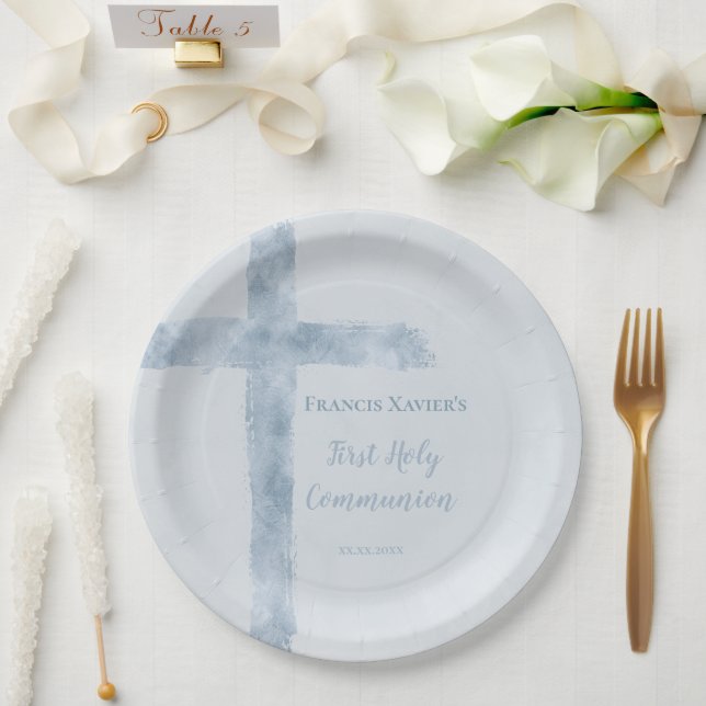 wasserblaues Kreuz  Erste Kommunion  Pappteller (Hochzeit)