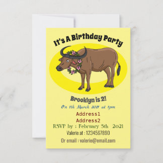 Wasserbüffel mit Blume Cartoon-Abbildung Einladung
