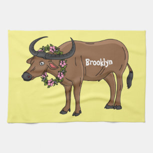 Wasserbüffel mit Blume Cartoon-Abbildung Geschirrtuch