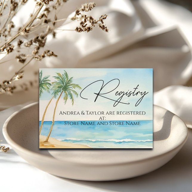 Wassercolor Beach Palm Trees Wedding Gift Registry Begleitkarte (Von Creator hochgeladen)