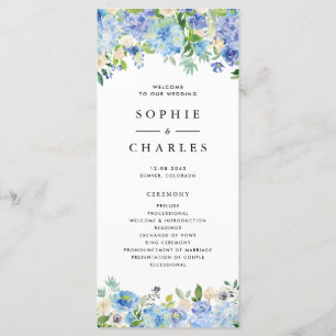 Wassercolor Blue Hydrangea Blumengarland Hochzeit Programm