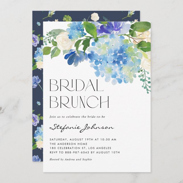 Wassercolor Blue Hydrangea Floral Bridal Brunch Einladung (Vorne/Hinten)