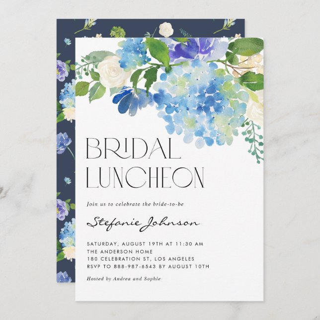 Wassercolor Blue Hydrangea Floral Bridal Luncheon Einladung (Vorne/Hinten)