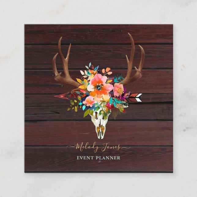WASSERCOLOR-BLUME, RUSTISCHE BOHO SKULL+ARROW+HOLZ QUADRATISCHE VISITENKARTE (Vorderseite)