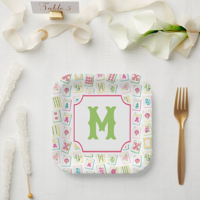 Wassercolor Bright Mahjong Tiles Monogram Pappteller (Hochzeit)