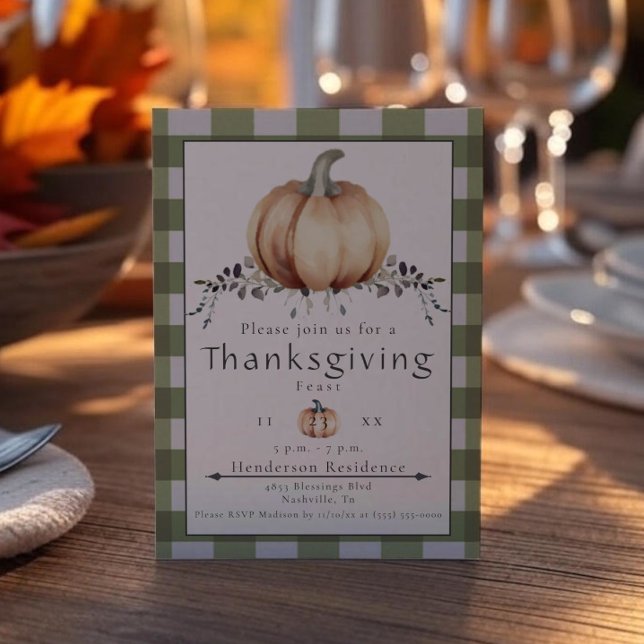 Wassercolor Pumpkin Erntedank Dinner | Green Einladung (Green Watercolor Pumpkin Thanksgiving Dinner Invitation)