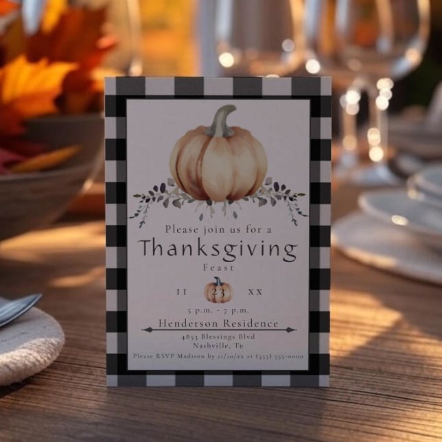 Wassercolor Pumpkin Erntedank Dinner | Schwarz Einladung (Black Watercolor Pumpkin Thanksgiving Dinner Invitation)
