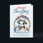 Wassercolor Snowman Karte<br><div class="desc">Ein Aquarellbild eines niedlichen Schneemanns mit Schal und Hut,  mit großen Augen,  auf einem Weihnachtskranz</div>