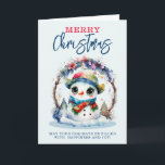 Wassercolor Snowman Karte<br><div class="desc">Ein Aquarellbild eines niedlichen Schneemanns mit Schal und Hut, mit großen Augen, auf einem Weihnachtskranz</div>