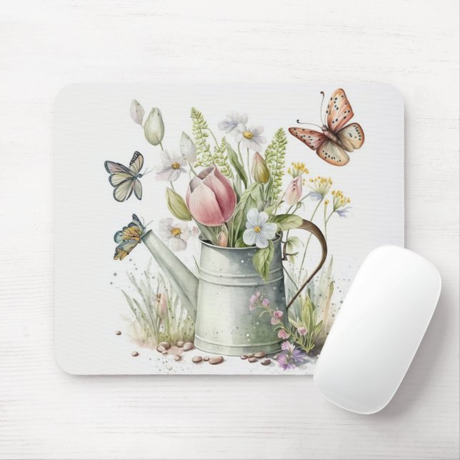 Wasserdose mit Tulips und Schmetterlingen Mousepad (Mit Mouse)