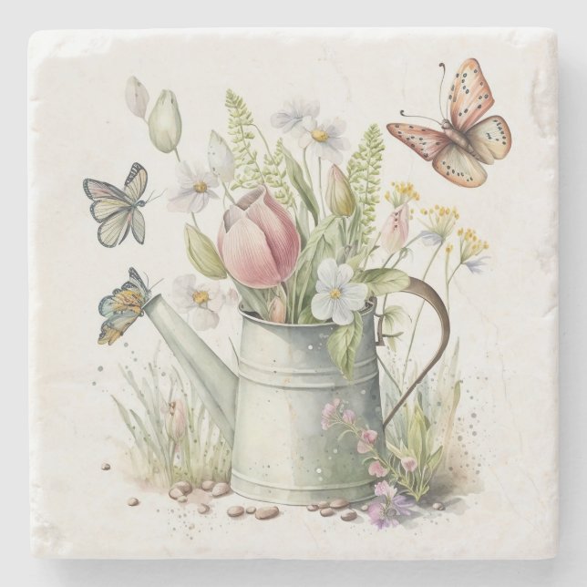 Wasserdose mit Tulips und Schmetterlingen Steinuntersetzer (Vorderseite)