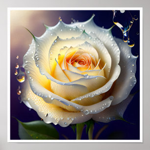 Wassereinschlag auf einer weißen Rose Poster