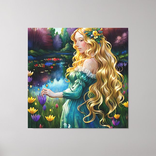 *~ Wasserfall AP56 Art Blonde Woman Pond Blume Leinwanddruck (Vorderseite)