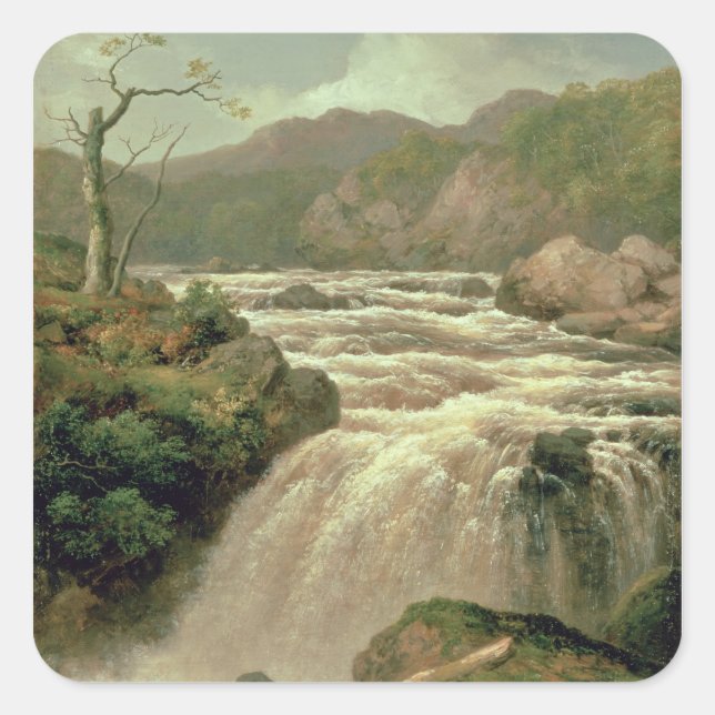 Wasserfall auf Fluss Neath, South Wales Quadratischer Aufkleber (Vorderseite)