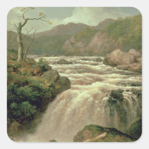 Wasserfall auf Fluss Neath, Südwales Quadratischer Aufkleber